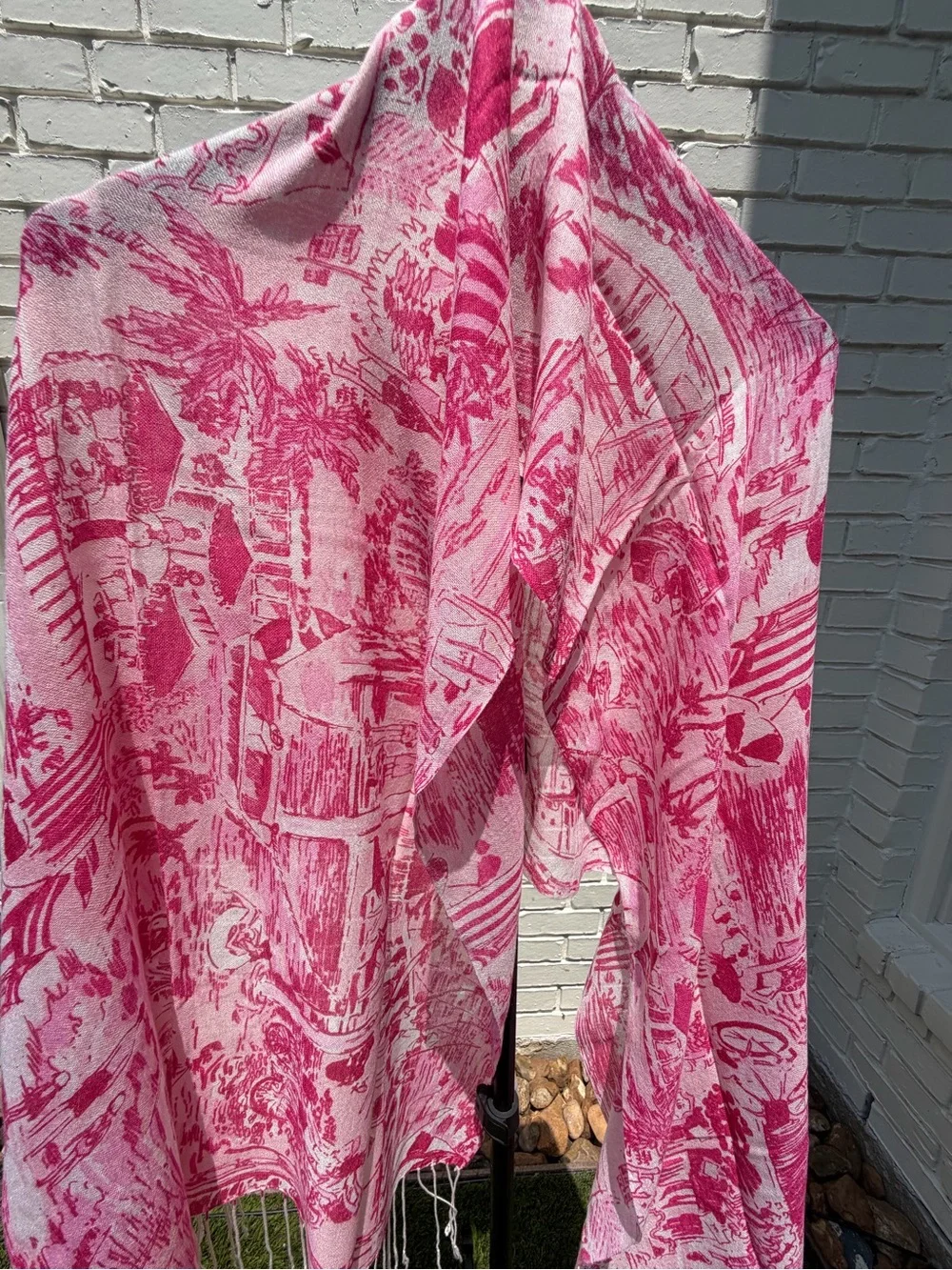 Lilly Pulitzer Pink Beach Toile Print Scarf Wrap Shawl Fringe